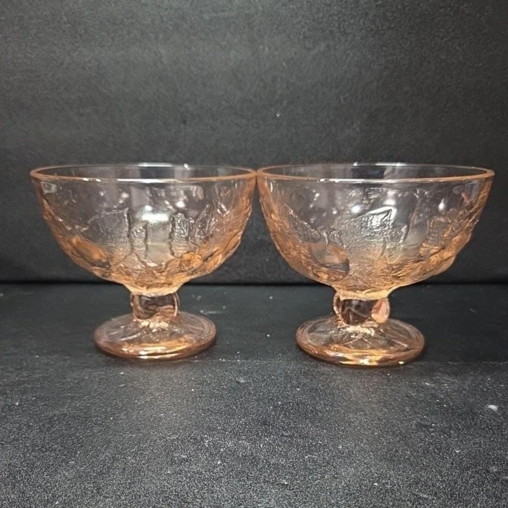Pasabahce Pink Dessert Bowls, Set of 2, Vintage‎ Fruit Design, Footed Glassware